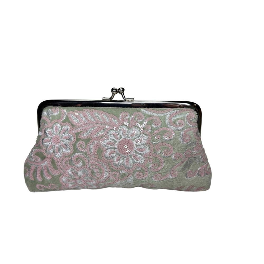 Unbranded Beaded Floral Sequin Kisslock Clutch Evening Bag Sage Green Boho